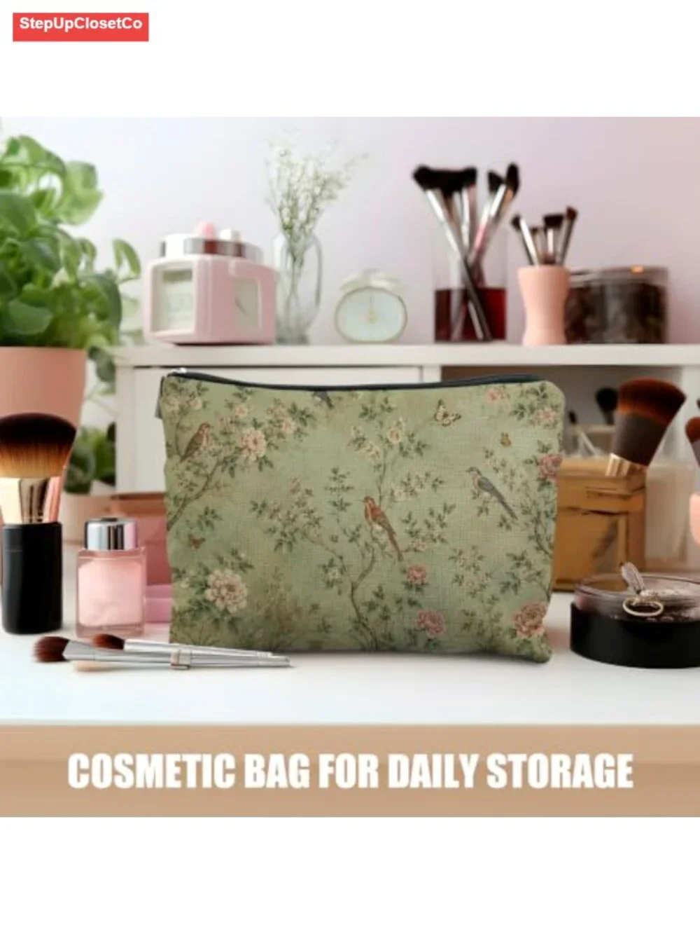 Chinoiserie Floral Cosmetic Bag for Women | Linen Toiletry Zipper Pouch Travel